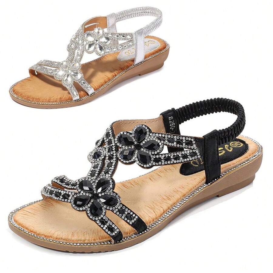 Living And Home 2 Colors Fashion Bohemian Style Rhinestone Women Beach Sandals,Women Flip Flops Sandals,Women T-Strap Flat Summer Sandals,Women Low Heeled Sandals,Boho Casual Flat Sandals(Heel Height: 3cm) - Black - View 1
