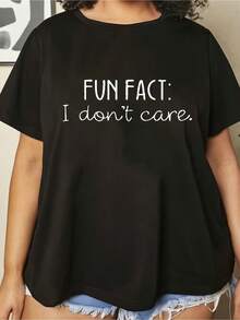 Plus Size, Plus Size Women's T-Shirt With Letter Print - 黑色 - 查看 2