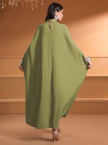 Women Solid Color Tie Collar Pearls Embroidered Beading Shoulder Patch Elegant Arabic Modest Kaftan - Fruit Green - View 4