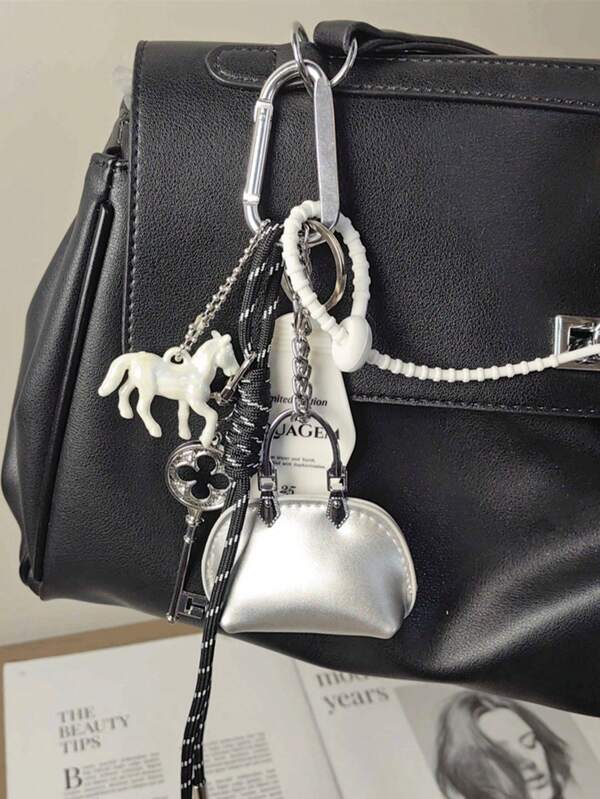 1pc Simple Silver Baby Keychain; 1pc Laser Small Horse Keychain Pendant Y2K