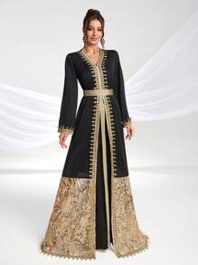 YISIKADO Váy dài tay cổ chữ V thêu vàng phong cách Ả Rập cho nữ dự tiệc/dạ tiệc, váy dự tiệc cưới, váy trang trọng, váy dạ hội, kín đáo - Nhiều màu - Xem 4