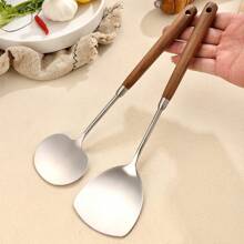 304 不锈钢 5 件套厨房用具套装，带胡桃木手柄 - 方形铲子、圆形铲子、蘑菇铲子、汤勺、滤网 - 銀色 - 查看 4