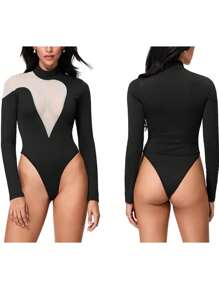 Women's Summer Fashionable And Sexy Spicy Girl Deep V-Mesh Splicing Long Sleeved Jumpsuit