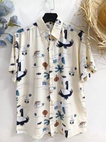 Floral Hawaiian Beach Shirt Summer Men's Short Sleeve Button Down 100% Viscose Fabric Shrinks A Little - 米色 - 查看 1