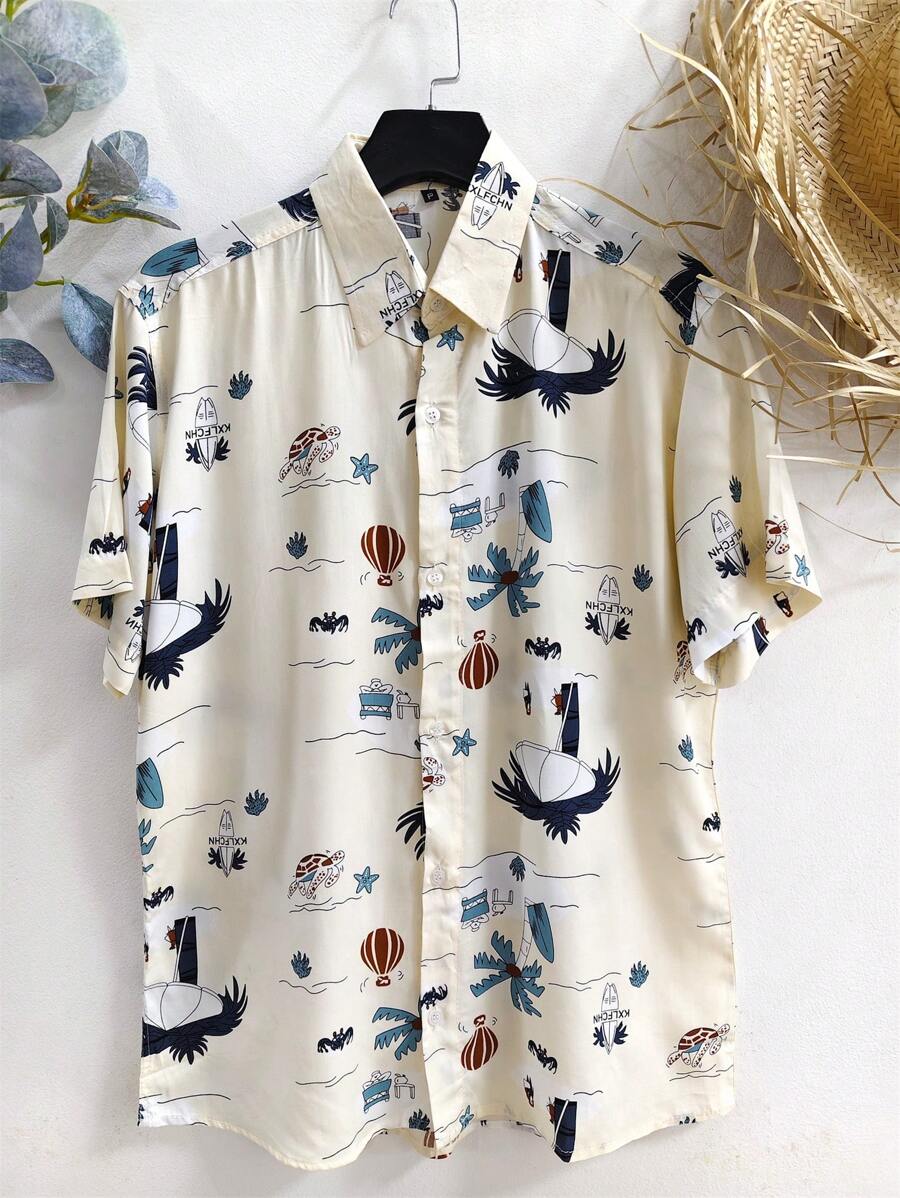 Floral Hawaiian Beach Shirt Summer Men's Short Sleeve Button Down 100% Viscose Fabric Shrinks A Little - 米色 - 查看 1