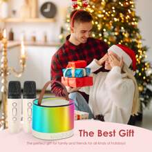 EIGIIS Mini chaîne stéréo de bureau avec microphones sans fil, 5 effets lumineux à LED, enceinte karaoké Bluetooth, microphone portable Bluetooth avec changeur de voix, mini machine à karaoké, cadeau parfait pour l'anniversaire et la famille