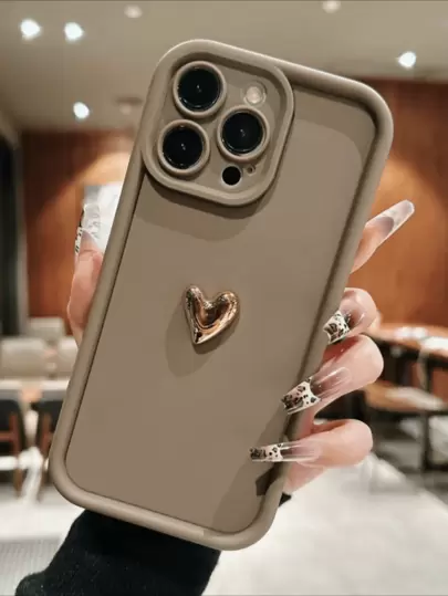 优雅且具有保护性的全覆盖手机壳，采用闪亮心形设计 - 兼容 Apple 16/15/14/13/12/11、Redmi、Honor、OPPO - 棕色和黑色防水防震防摔防刮