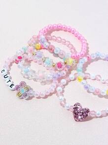 6pcs/Set Kids Flower Heart Word Beaded Bracelet Set, Random Colors