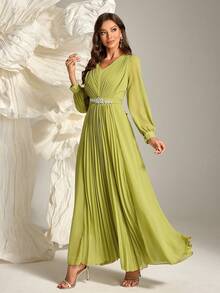 Women V-Neck Long Sleeve Ruched Elegant Party Dress With Rhinestone Decoration, Wedding Guest Dress, Formal Dress, Evening Dress, Gown