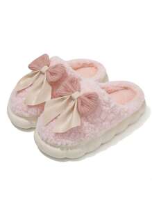 Women's Bow Plush Slippers, 2025 New Autumn/Winter Indoor Warm Non-Slip Slippers, Thick Sole Home Shoes, White & Khaki