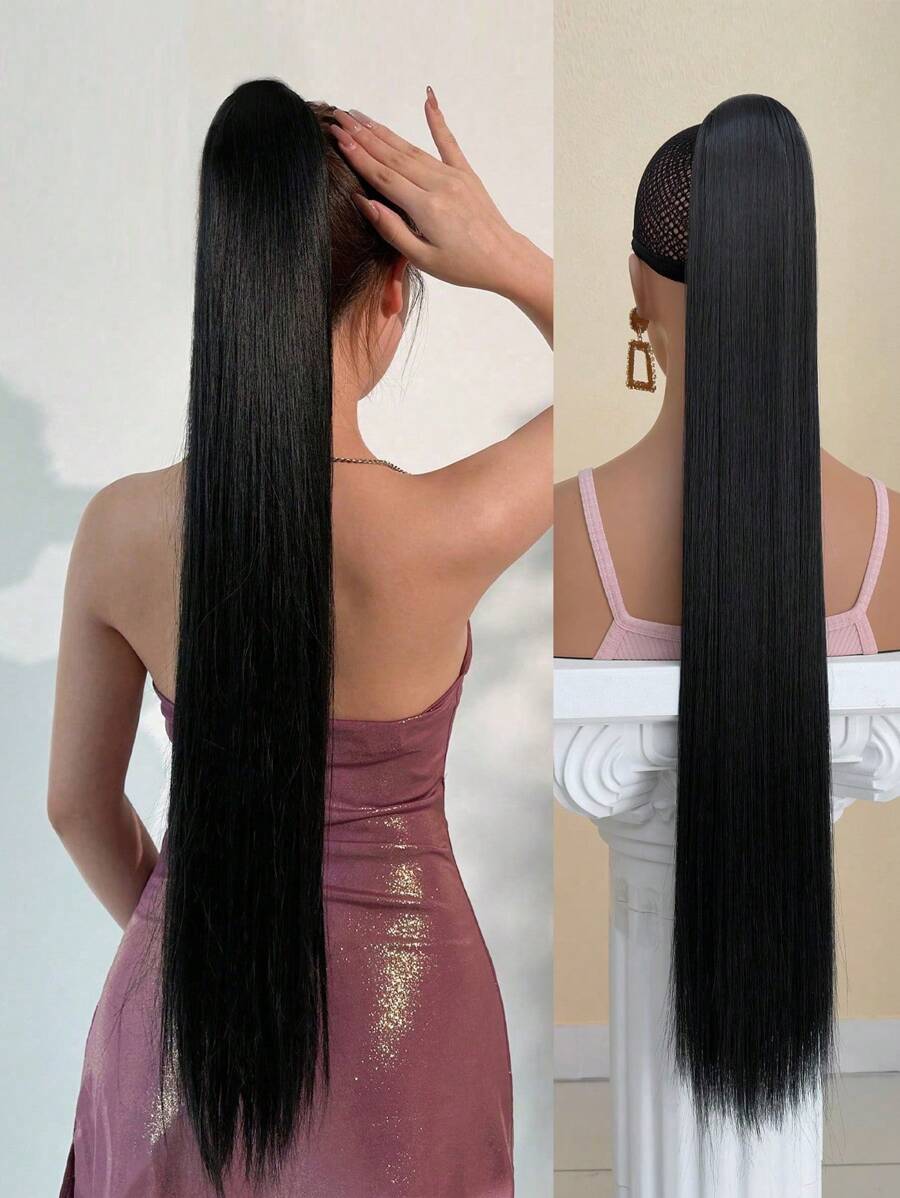 32-Inch Black Straight Ponytail Hair Extensions, Heat-Resistant Synthetic Fiber, Suitable For Girls And Women For Daily Use