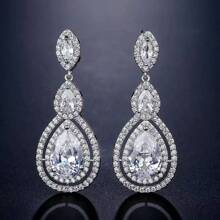 1 par de pendientes de lágrima con pavé de circonita cúbica brillante de lujo para mujeres, elegante estilo de señora noble para uso diario, fiesta, banquete, vacaciones, pasarela, joyería de moda