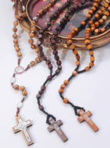 1 件复古耶稣木珠链，手工制作的天主教基督教祈祷项链配饰