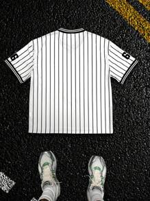 Men's Casual Striped Black & White Graphic V-Neck 96 Numeral Print Short Sleeve Sports T-Shirt, Summer