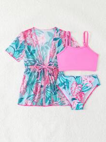 Young Girl Tropical Plant Print Swimwear Set With Kimono Cover-Up
