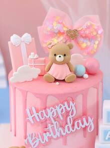 1pc Pink Dress, Blue Bowknot Bear Ornament, Cute Baby Shower Cake Topper For Boy Or Girl Birthday Decoration, Baby Shower Party Decoration - Multicolor - View 6