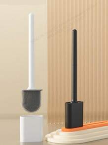 1 pièce Brosse de toilette en silicone noir avec long manche, nettoyant flexible, mini brosse de toilette à séchage rapide avec support, accessoires de salle de bain, décoration de salle de bain, décoration d'automne