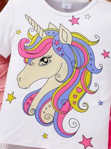 Young/Young Girl Unicorn Graphic T-Shirt And Start Pattern Leggings,Comfortable & Stylish Outfit For Daily Wear,Outdoor,SportsSpring/Summer Unicorn