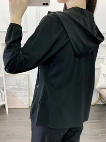 夏季健身女款弹力透气冰丝纯色连帽防晒外套 - 黑色 - 查看 3