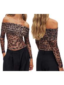 Womens Off Shoulder Mesh Tops Long Sleeve Leopard Print Slim Fit T-Shirts Ruched Blouses - Khaki - View 2