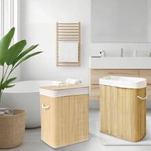 Bamboo Laundry Basket, Large Capacity Collapsible Movable Hamper With Lid & Wheels, Rectangular/Round, Space-Saving Storage For Bathroom, Laundry Room, Bedroom Home Bathroom Decor Bathroom Accessories Bathroom Organizer Fall Decor Back To School - Bamboo Original Color - View 5