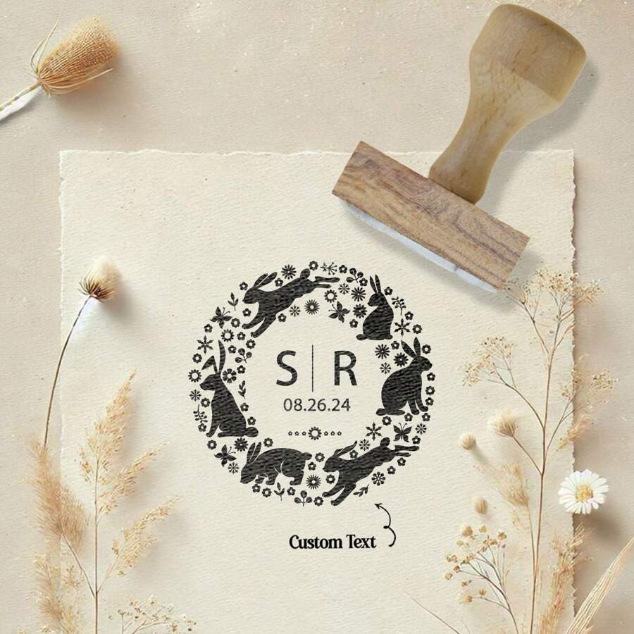 婚礼和复活节定制木质印章套装 - 雕刻兔子彩蛋和新娘图案，适用于邀请函、春季工艺品、周年纪念礼物