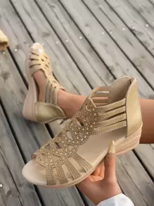 女士水钻绑带厚底凉鞋，女士交叉绑带仿麂皮坡跟凉鞋，夏季穿搭，旅行必备 - 杏色 - 查看 3