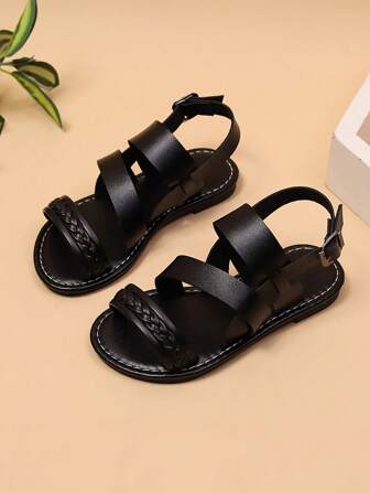 1 双婴儿/幼儿女孩编织罗马凉鞋，圆头，厚弹性带设计，平底舒适，适合 3-12 岁儿童，夏季休闲海滩/度假/户外穿着