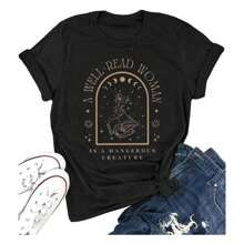 A Well Read Wo T-Shirt Women Reading Book Shirt Cute Book Lover Gift Vintage Graphic Tee Tops Funny Teacher Shirt Fashionable Plus Size Women's T-Shirt, Super Soft And Breathable Comfortable Fit, Versatile Everyday Style, Suitable For All Seasons. - màu đen - Xem 1