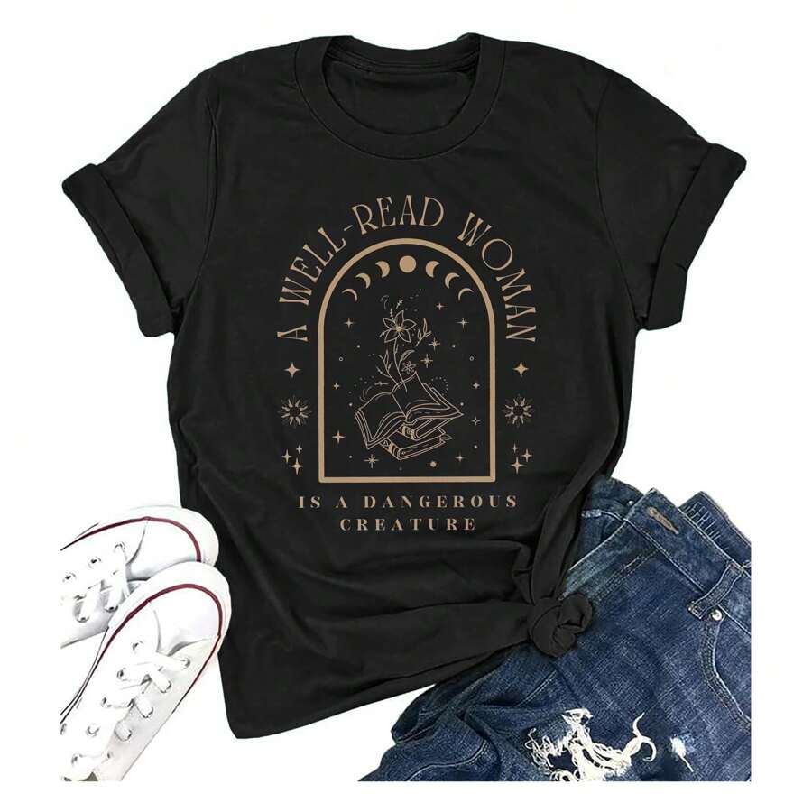 A Well Read Wo T-Shirt Women Reading Book Shirt Cute Book Lover Gift Vintage Graphic Tee Tops Funny Teacher Shirt Fashionable Plus Size Women's T-Shirt, Super Soft And Breathable Comfortable Fit, Versatile Everyday Style, Suitable For All Seasons. - màu đen - Xem 1