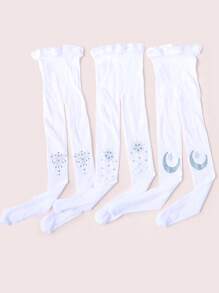 3pcs Girls' White Mesh Tights, Elastic Breathable Leggings, With Star & Moon Pattern, Icy Crystal Rhinestone, Suitable For Spring & Summer - Multicolor - View 10