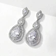 1 par de pendientes de lágrima con pavé de circonita cúbica brillante de lujo para mujeres, elegante estilo de señora noble para uso diario, fiesta, banquete, vacaciones, pasarela, joyería de moda