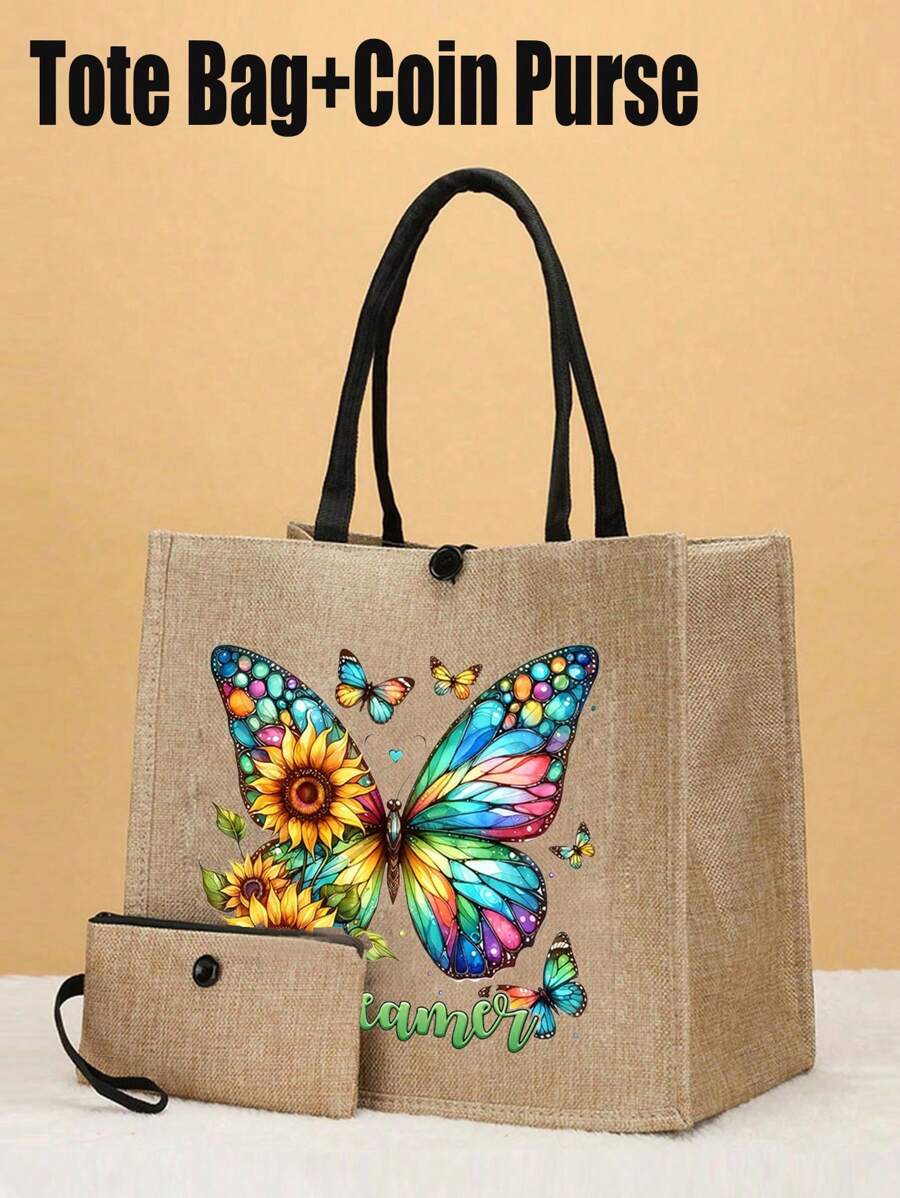 2 Pieces Pink Butterfly Print Tote Bag Set, Jute With Stylish Pattern, Including Handy Coin Purse, Perfect For Shopping, Travel & Beach Adventures,Multifunctional Women's Bag, Suitable For Daily, Travel, Shopping, Work, Gift Giving - Khaki - View 1