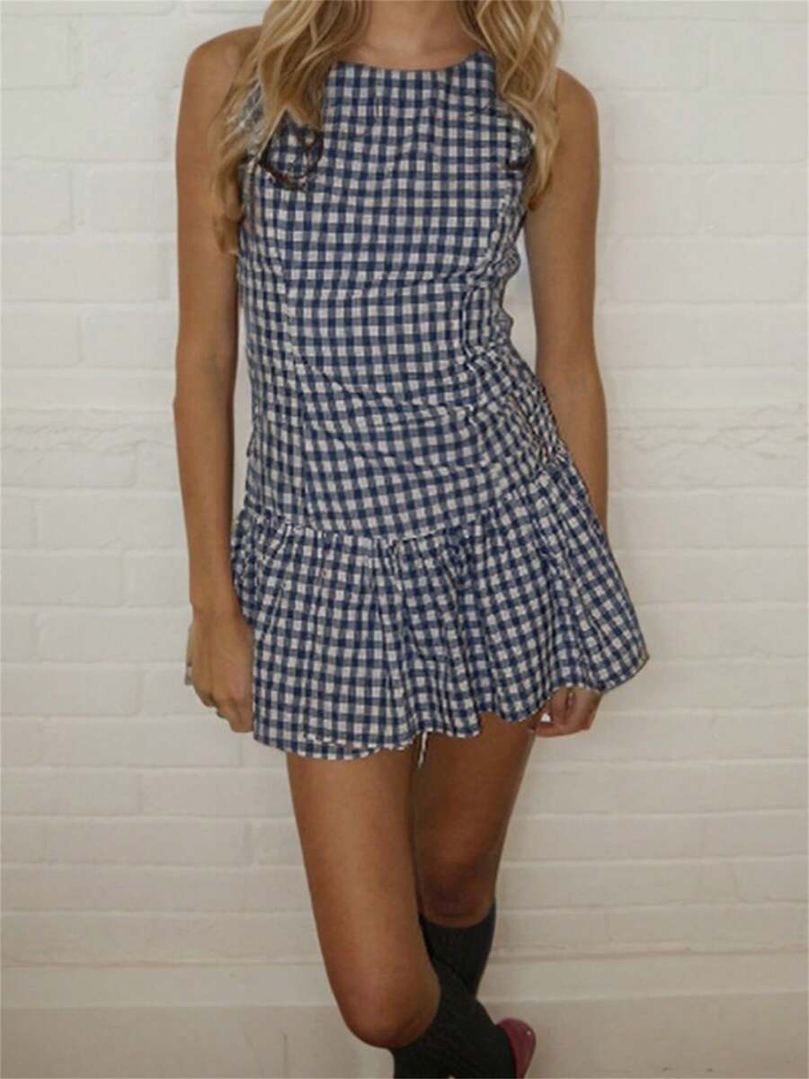 Women Summer Mini Dress Sleeveless Ruched Ruffle Layered Hem Bodycon Short Dress Slim Fitted Party Cocktail Dress Plaid/Polka Dots Print Crew Neck Casual Sundress - 藍色 - 查看 1