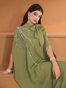 Women Solid Color Tie Collar Pearls Embroidered Beading Shoulder Patch Elegant Arabic Modest Kaftan - Fruit Green - View 9