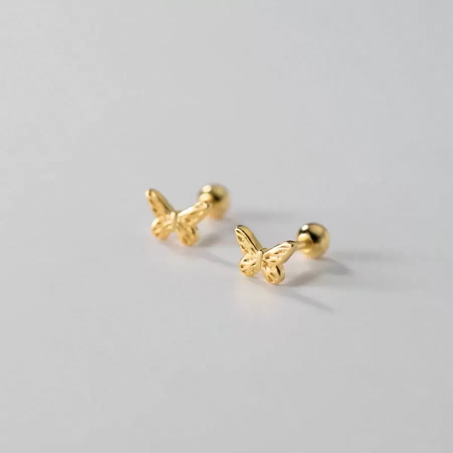 6pcs/2pcs Copper Butterfly Stud Earrings, Screw Back Non-Losing Versatile Helix Piercing Earrings - Gold Pair - View 1