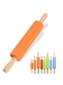 1pc Silicone Rolling Pin With Wooden Handle, Non-Stick Dough Roller