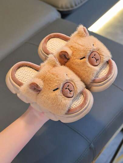 1 Pair Anti-Slip Linen Mix Children Slippers With Thermal Lined, For Boys, Suitable For Spring & Autumn