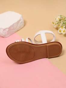 1 Pair Beige Plus Size Girls' Flat Sandals, PU Strap Woven Design With Rhinestone, Pearl & Butterfly Decor, Elastic Back Strap, Round Toe Open Toe Non-Slip Fashion Cute Black Sandals, Suitable For Girls Aged 3-15 For Daily, Casual, Holiday Wear, Summer 2025 New Arrival - Beige - View 8