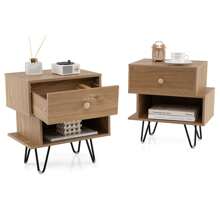 Nightstand Set Of 2 Mid Century Modern End Tables With Drawer-Natural - Khaki - View 1