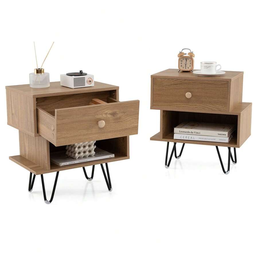 Nightstand Set Of 2 Mid Century Modern End Tables With Drawer-Natural - Khaki - View 1
