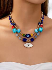 1 件手工制作蓝色玻璃珠邪眼项链，波西米亚风格女士珠宝套装（颜色和形状可能略有不同）