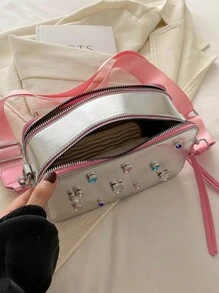1pc Dopamine Colorblock PU Letter Patchwork Camera Bag With Dual Zipper, Adjustable Strap, Fashionable Women Crossbody Bag - Bright silver - View 8