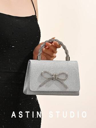 优雅女士水钻蝴蝶结设计翻盖手拿包，金属闪光晚会钱包，适合婚礼、正式派对、舞会、圣诞聚会