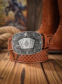 1pc Boho Western Cowboy Style Poker Embossed Metal Buckle Vintage Dark Brown PU Leather Belt Summer, School Casual, Business, Boyfriend Husband Father Dad Men Gift, Daily Wear, Fashion, Teen, Outdoor, Vacation, Athletic, Travel, Street, Boho, Vintage Fall, Autumn, Halloween Autumn-Winter Accessories,Suitable For Teens, Youth,Men,Casual, Outdoor, Athletic, Vacation, Graduation Gifts, Birthday, Daily Wear - As Shown - View 2