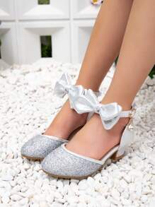 全新银色蝴蝶结装饰优雅公主礼服鞋，适合小女孩，闪光高跟表演舞台和派对高跟鞋