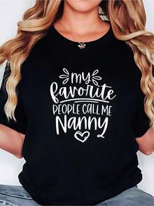 Camiseta de algodón de manga corta para mujer - Camiseta casual para mujer - Estampado de corazón "Mis personas favoritas me llaman niñera", tela suave y elástica, cuello redondo, manga corta, negra, esencial para primavera/verano, ropa casual. |   Estampado Divertido |   Ajuste Cómodo - Negro - Ver 1
