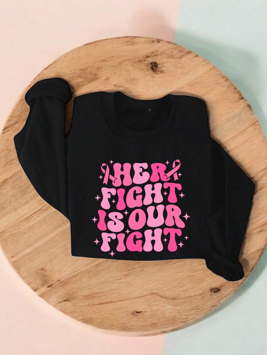 Her Fight Is Our Fight Sweatshirt, Breast Cancer Awareness Crew Neck Sweatshirt, Cancer Fighter Sweatshirts, Breast Cancer Support Sweatshirt, Pink Ribbon Sweatshirts. TTD-353S - 黑色 - 查看 1