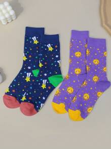 2 Pairs Women Stars & Sun Print Socks, Comfy & Breathable Cartoon Mid Tube Socks, Women's Stockings & Hosiery