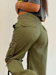 Women's Y2K Streetwear Flap Pocket Strap Detail Loose Casual Wide Leg Parachute Cargo Pants - Army Green - View 3